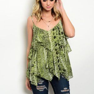 Ark&co. Ladies Bohemian Cami-Top Handkerchief Hem Green-Animal-Print Size S